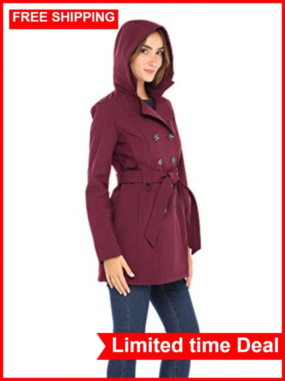 Soft Shell Trench Coat Detachable Hood Double Breasted Belted Women's